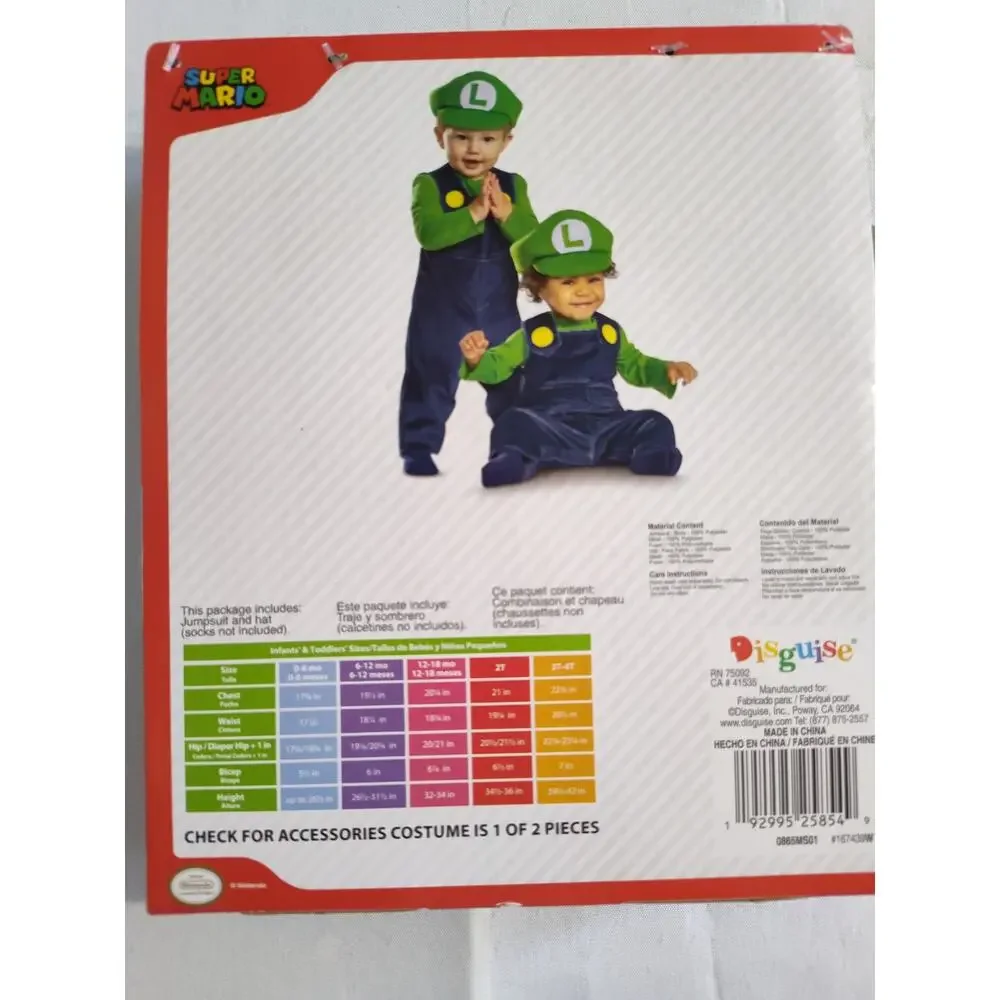 New Super Mario Luigi Halloween Costume Size Infants 12-18 Months Pretend Play